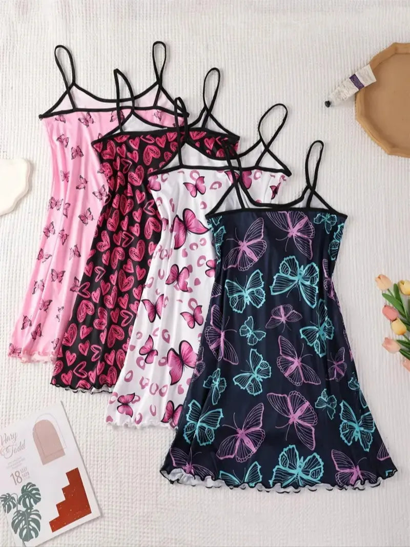 Chemisette de nuit à imprimé intégral pour femme, robe de nuit décontractée douce et confortable à fines bretelles pour toutes les saisons, vêtement de nuit pour femme pour l'intérieur, robe de nuit respirante