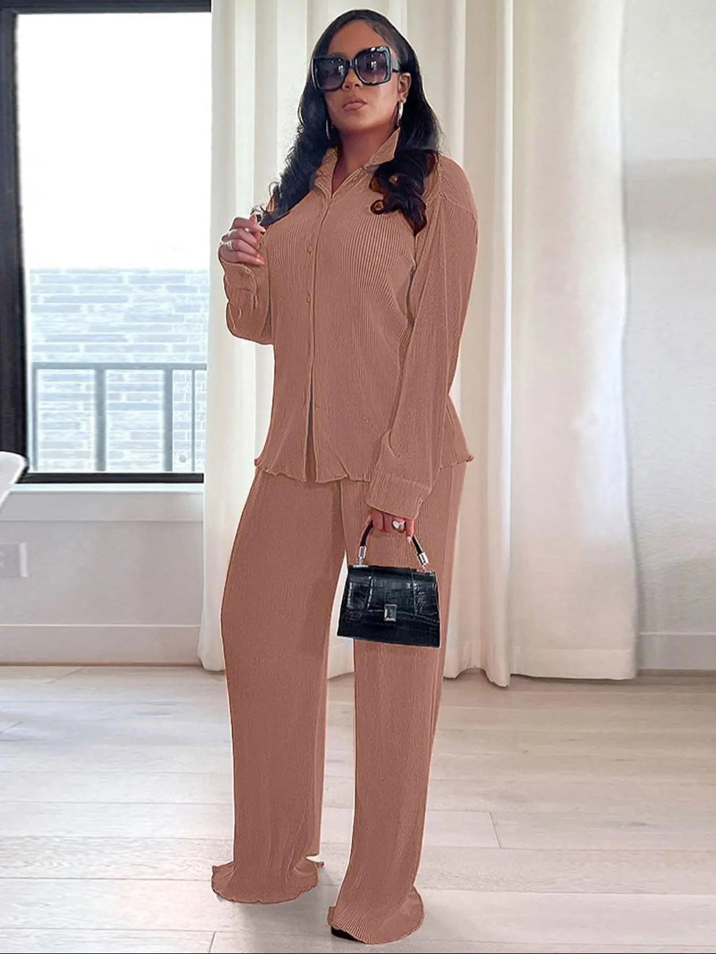 Ensemble deux pièces chemise unie boutonnée et pantalon taille élastique pour femme