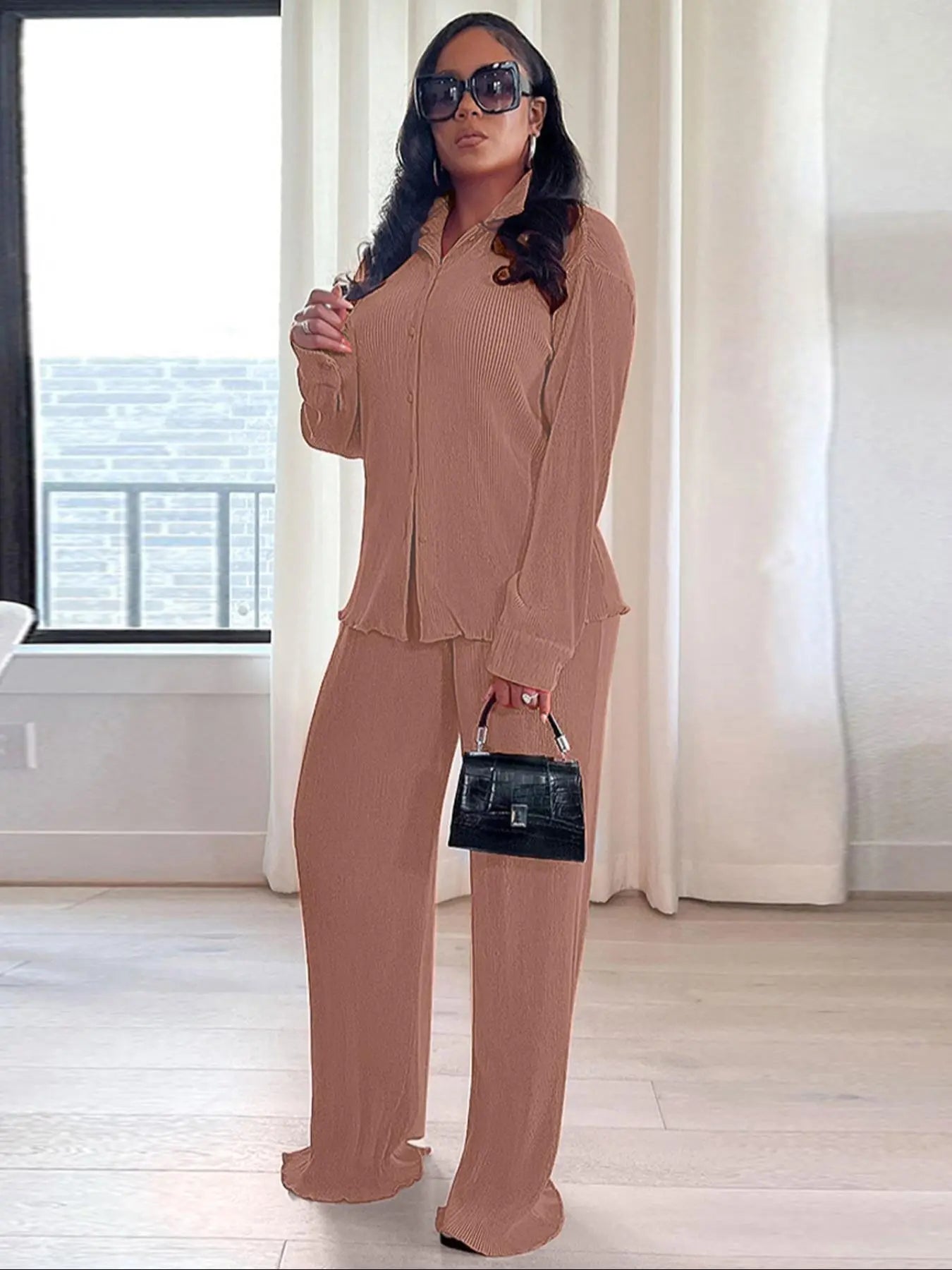 Ensemble deux pièces chemise unie boutonnée et pantalon taille élastique pour femme