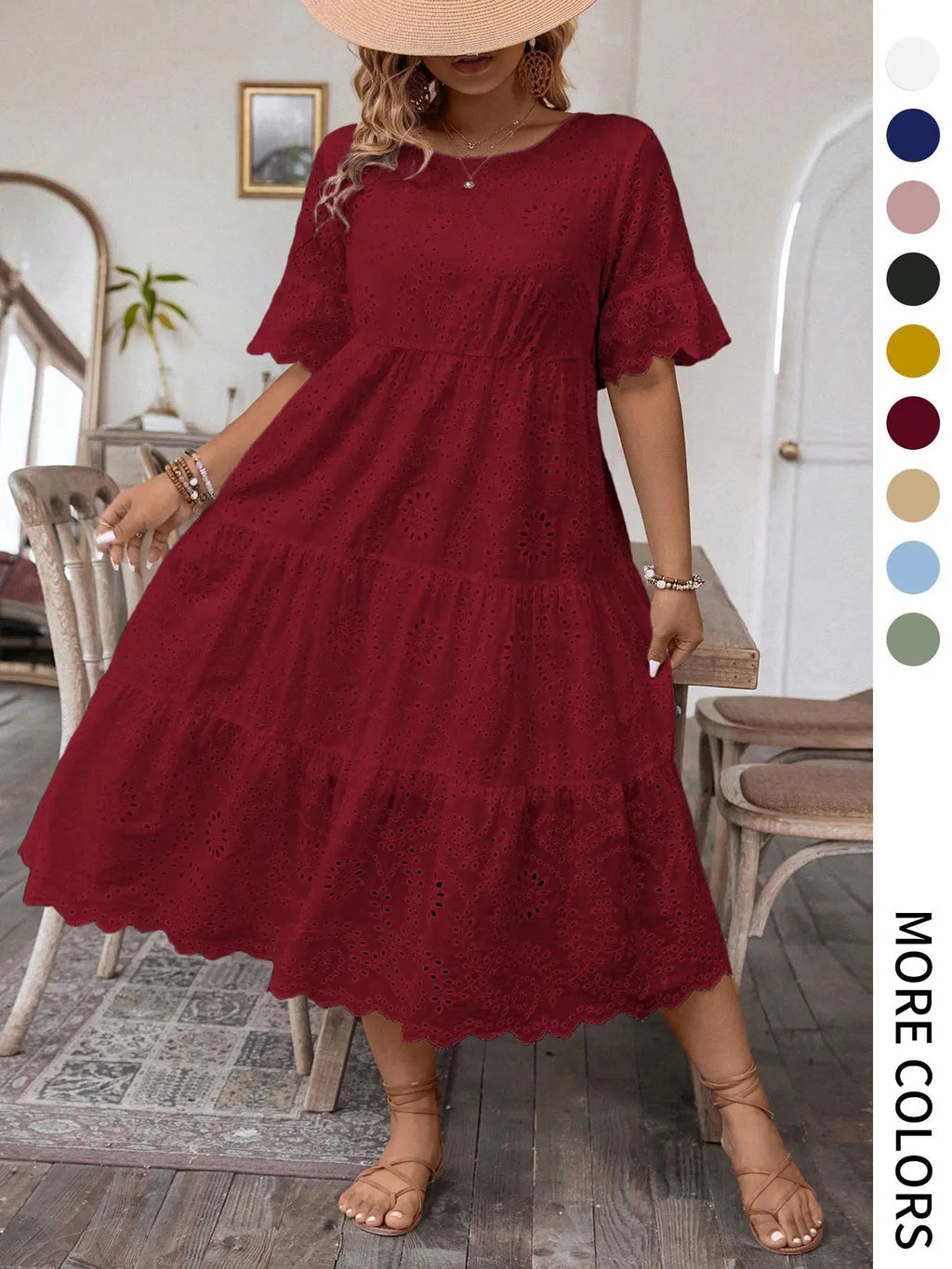 [Grande Taille] Robe unie avec broderie œillets, Robe bohème à col rond pour les vacances et le quotidien – Vêtements d'été pour femmes