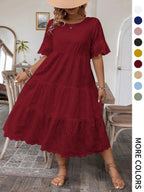 [Grande Taille] Robe unie avec broderie œillets, Robe bohème à col rond pour les vacances et le quotidien – Vêtements d'été pour femmes
