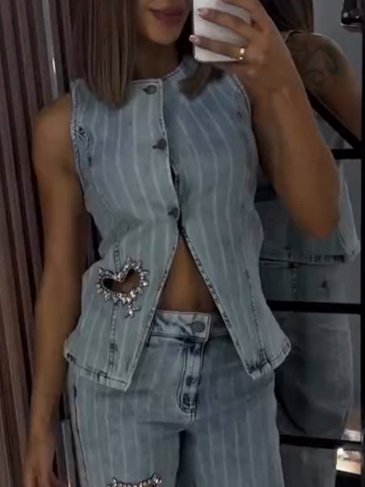 Ensemble décontracté en jean avec strass et estampe à chaud en forme de cœur, col rond pour femme