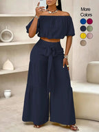 Ensemble pantalon femme couleur unie à jambes larges, haut décontracté à épaules dénudées et pantalon palazzo pour l'été, tenue de vacances à la plage pour femme.