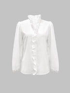 Chemisier élégant à col en V pour femme avec volants, chemise tissée ample pour toutes les saisons, haut décontracté uni pour le bureau