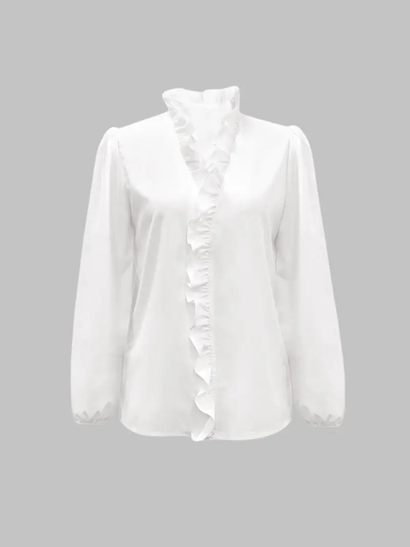 Chemisier élégant à col en V pour femme avec volants, chemise tissée ample pour toutes les saisons, haut décontracté uni pour le bureau