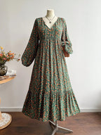 Abito Lungo Floreale da Donna Taglie Forti, Abito Lungo con Scollo a V e Lacci sul Retro e Bordo in Pizzo a Maniche Lunghe per Autunno Inverno, Elegante e Casual