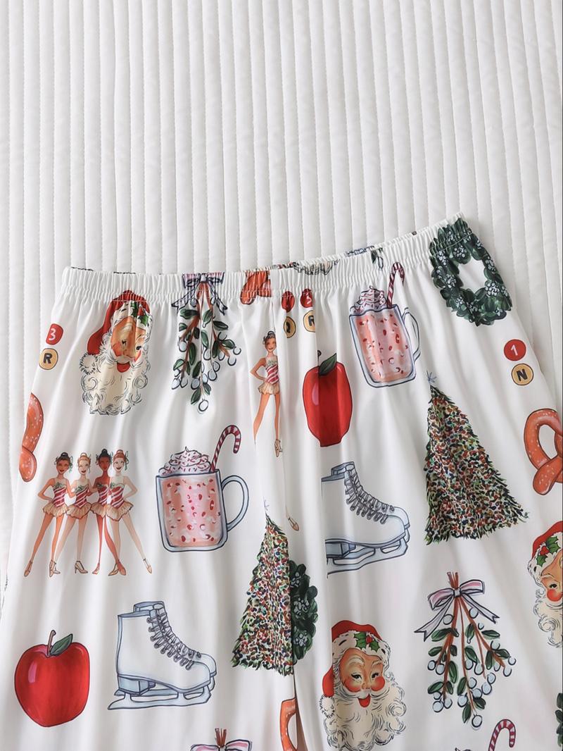 Pyjama de Noël pour femme, ensemble chemise de nuit à revers boutonnée à manches longues et pantalon ample confortable, vêtements de nuit décontractés imprimés sur toute la surface