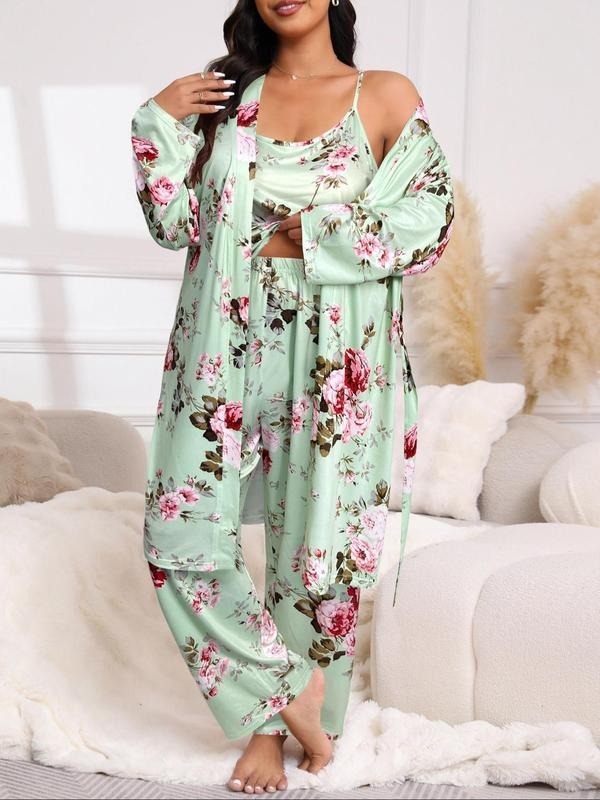 [Grande Taille] Ensemble Trois Pièces Kimono Long Imprimé Fleuri avec Ceinture, Caraco et Pantalon à Taille Élastique