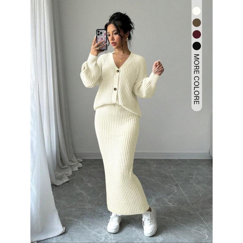 Set due pezzi da donna, maglione e gonna lunga a tinta unita con bottoni, top casual a maniche lunghe con spalle scese in maglia e gonna a vita alta per l'uso quotidiano all'aperto, maglieria da donna per l'autunno e l'inverno
