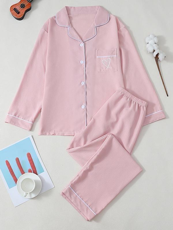 Ensemble de pyjama pour femme à revers de couleur unie, manches longues, broderie cœur, style décontracté, vêtement de nuit confortable, tenue d'intérieur