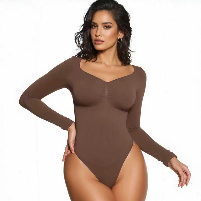 Body gainant sans couture pour femme – Body à manches longues et col en V, coupe ajustée, léger et sculptant, parfait pour les superpositions et le quotidien, compression légère