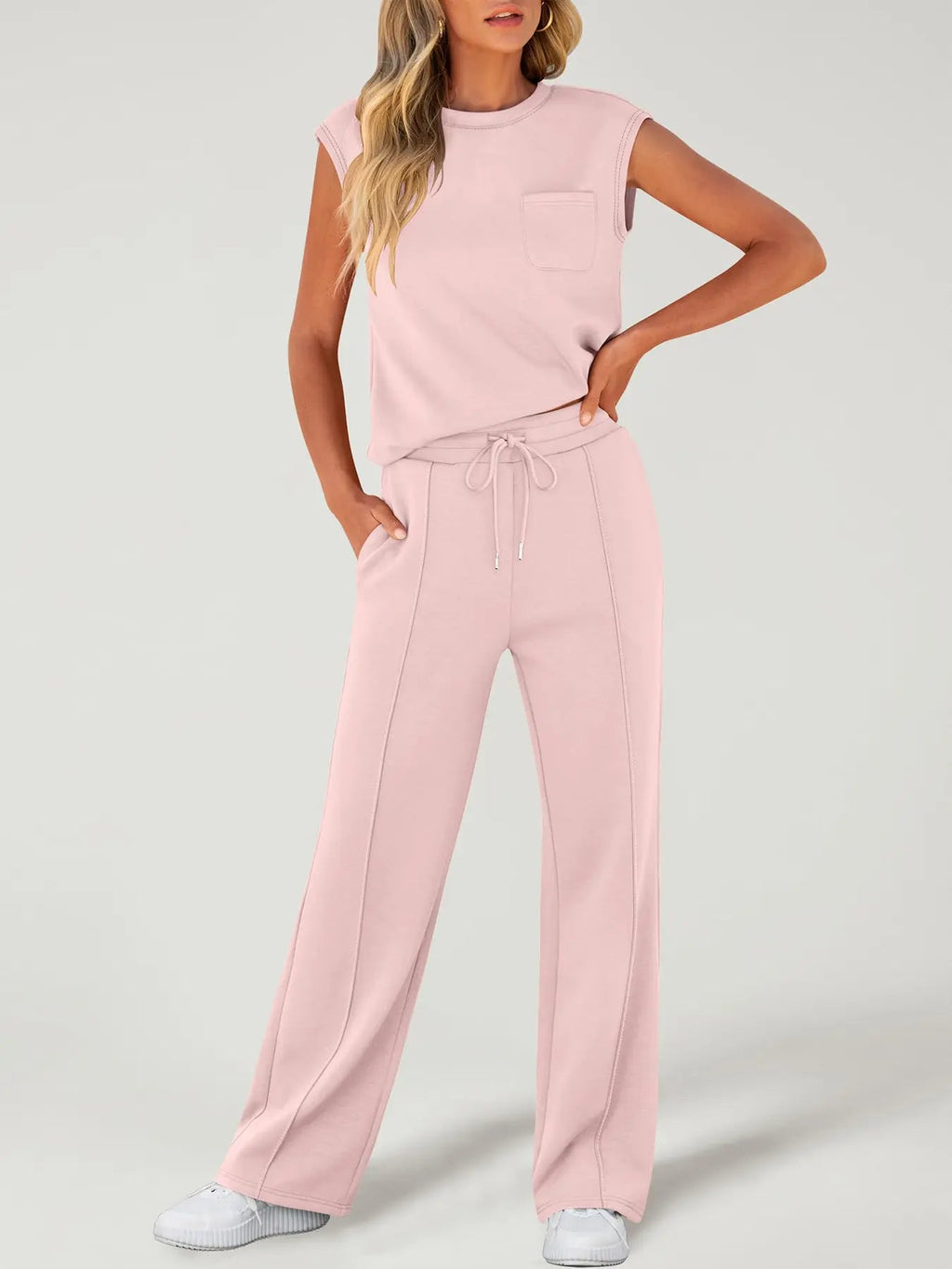 Completo da Donna due pezzi con Canotta Tinta Unita e Pantaloni con Coulisse in vita, Top Casual Senza Maniche con Scollo Rotondo e Pantaloni per l'Uso Quotidiano, Completi da Donna due pezzi per Tutte le Stagioni