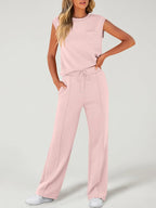 Completo da Donna due pezzi con Canotta Tinta Unita e Pantaloni con Coulisse in vita, Top Casual Senza Maniche con Scollo Rotondo e Pantaloni per l'Uso Quotidiano, Completi da Donna due pezzi per Tutte le Stagioni