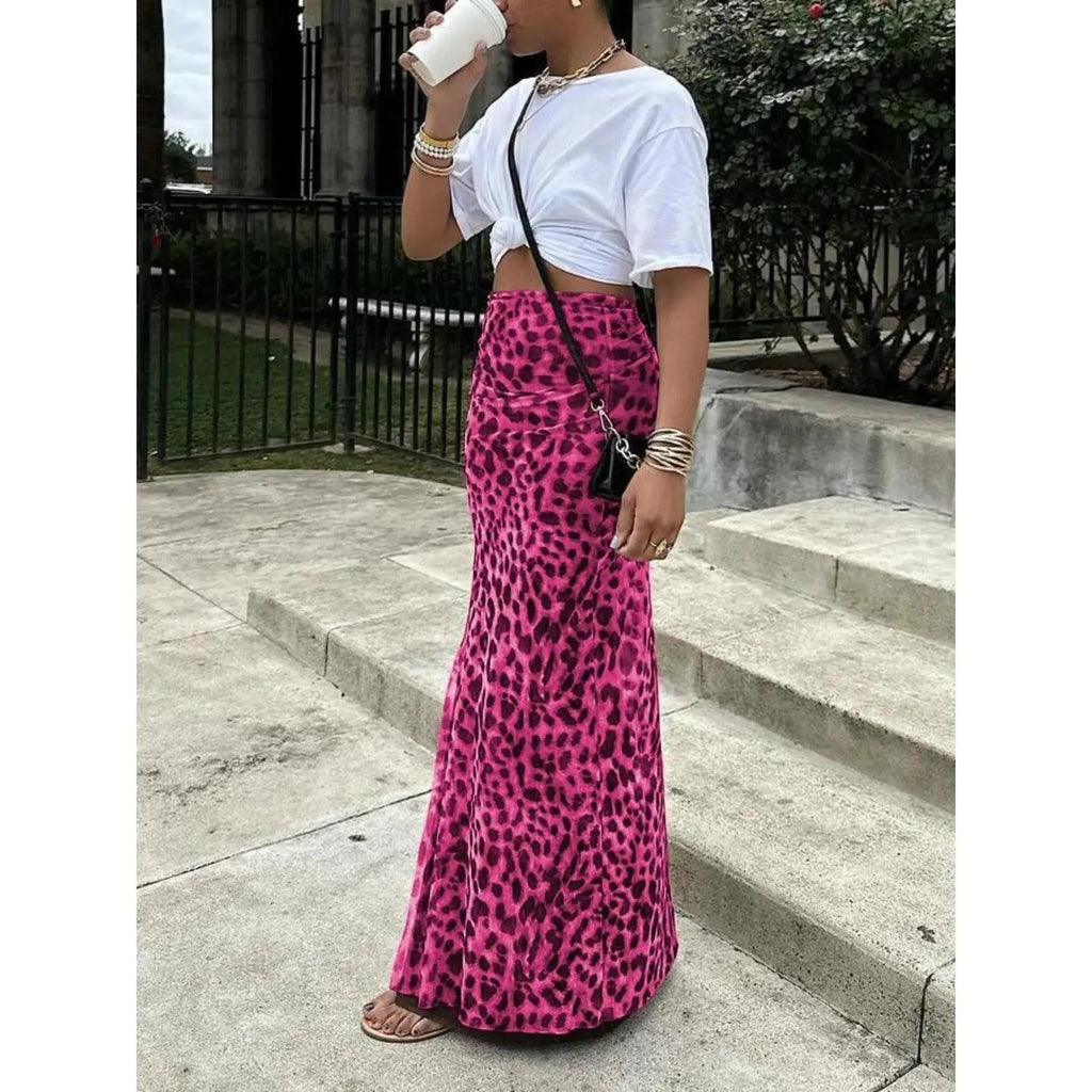 Jupe longue en maille imprimée léopard taille haute, coupe ajustée, fente, polyvalente, pour la Saint-Valentin, vêtements pour femmes à la mode