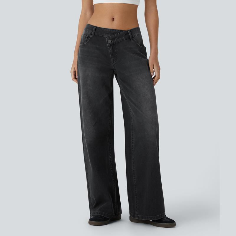 Jeans casual asimmetrici a vita bassa con tasche con cerniera, taglio ampio e slavato