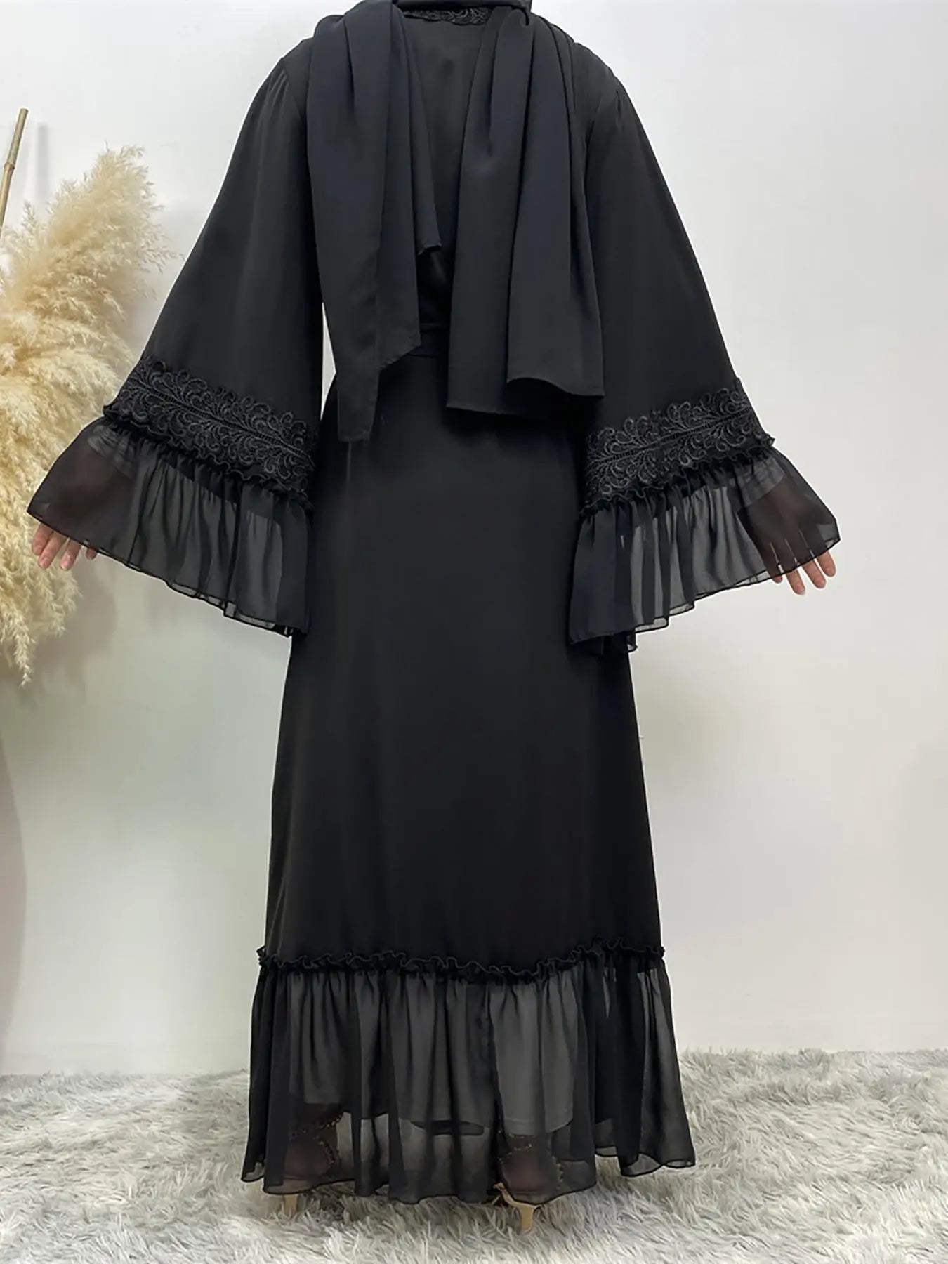 Abbigliamento Arabo - Abaya Cinghiata con Pizzo a Contrasto senza Hijab, Abiti Estivi, Abito a Maniche Lunghe con Volant alla Moda Araba, Abbigliamento Abaya Modesto per Donna, Abaya Islamica