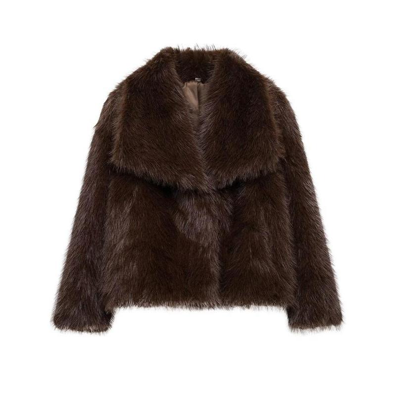 Giacca in finta pelliccia tinta unita da donna, cappotto casual a maniche lunghe con colletto per autunno e inverno, abbigliamento da donna per tutti i giorni, top carini