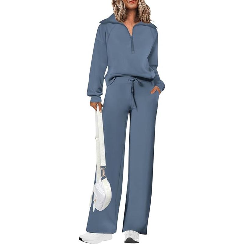 Ensemble de survêtement décontracté 2 pièces pour femme - Sweat-shirt à demi-zip et pantalon large avec cordon de serrage - Haut et pantalon de survêtement assortis pour le confort