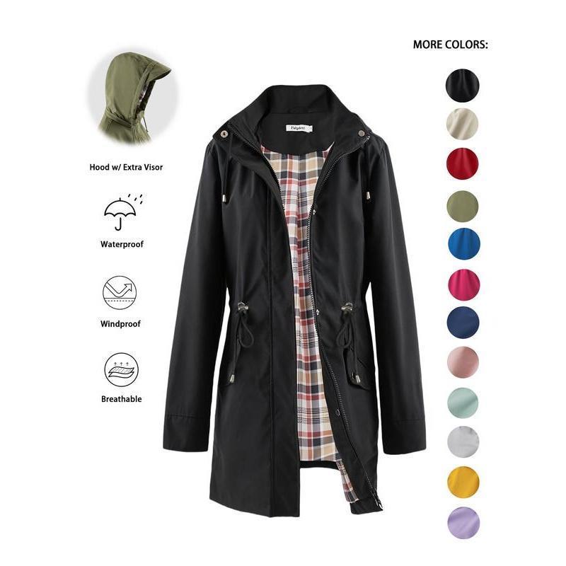 Trench-coat à capuche zippé de couleur unie pour femme, à cordon de serrage, manches longues, imperméable, coupe-vent, doux, confortable, décontracté, adapté au printemps, à l'automne, aux tenues quotidiennes et aux sorties