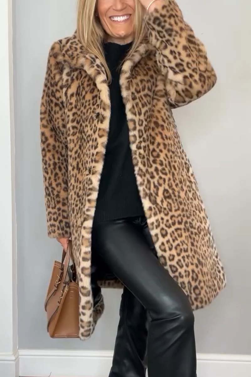 Manteau d'hiver mi-long léopard élégant pour femme avec revers en fausse fourrure