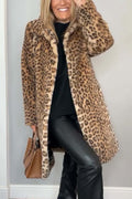 Manteau d'hiver mi-long léopard élégant pour femme avec revers en fausse fourrure