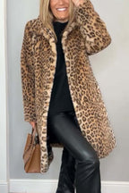 Manteau d'hiver mi-long léopard élégant pour femme avec revers en fausse fourrure