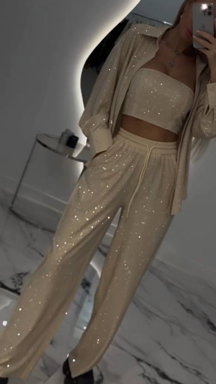 Ensemble décontracté trois pièces à revers et strass pour femme