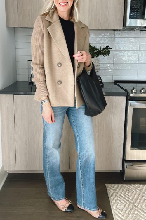 Manteau décontracté pour femme en tricot à patchwork et manches à revers boutonnés