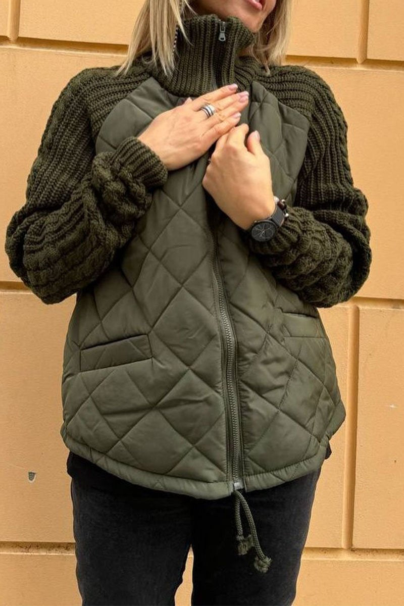Veste zippée décontractée en tricot patchwork de couleur unie pour femmes