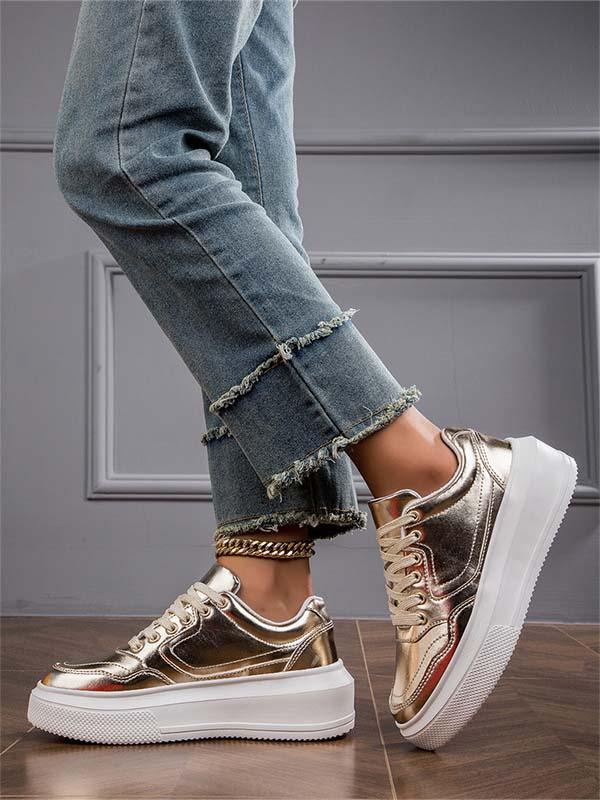 Chaussures décontractées en cuir souple métallisé à semelle épaisse