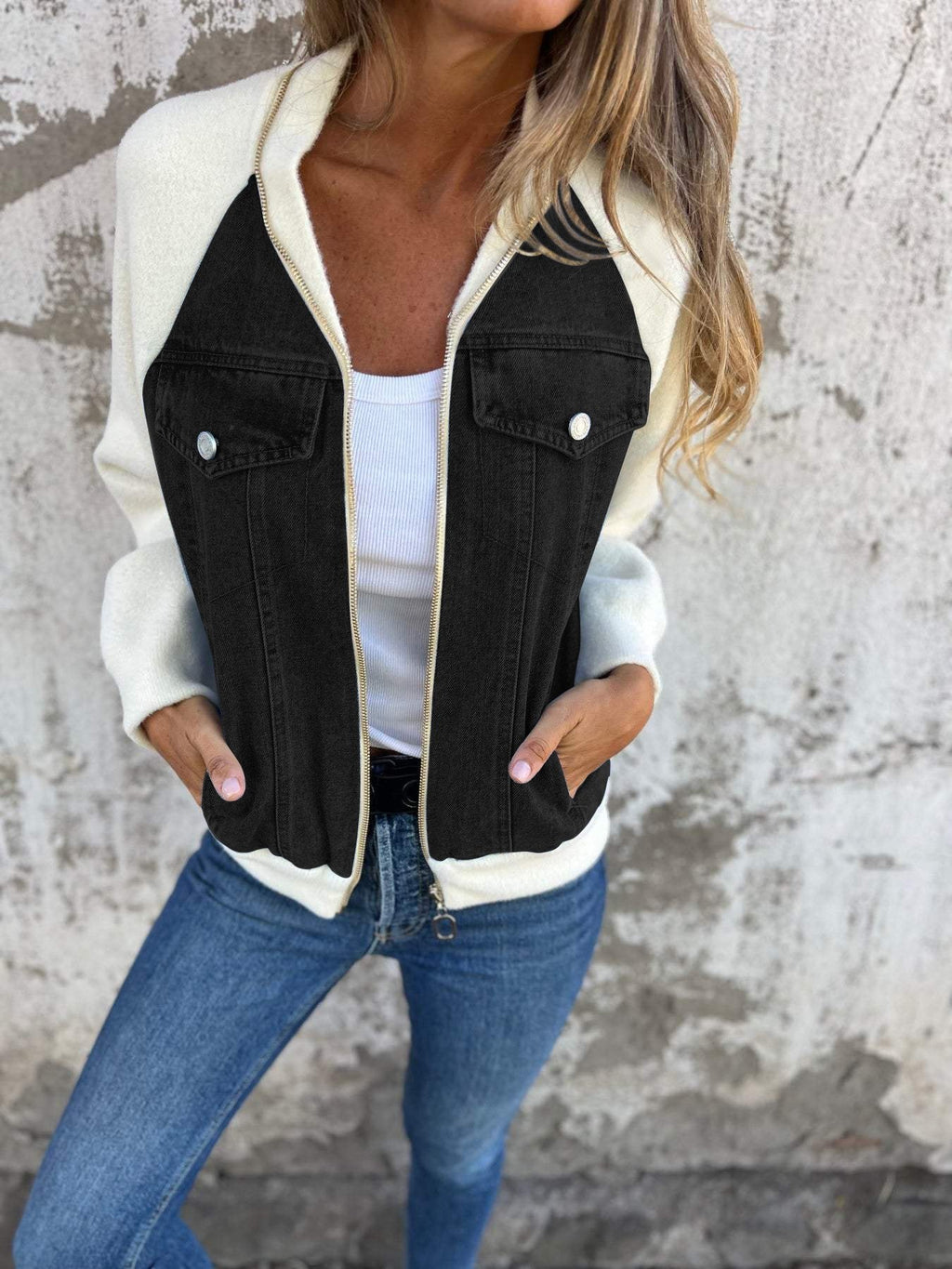 Veste zippée décontractée à col en V