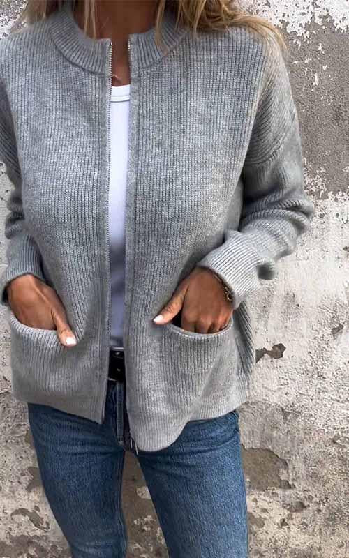 Veste en tricot zippée à col rond pour femme