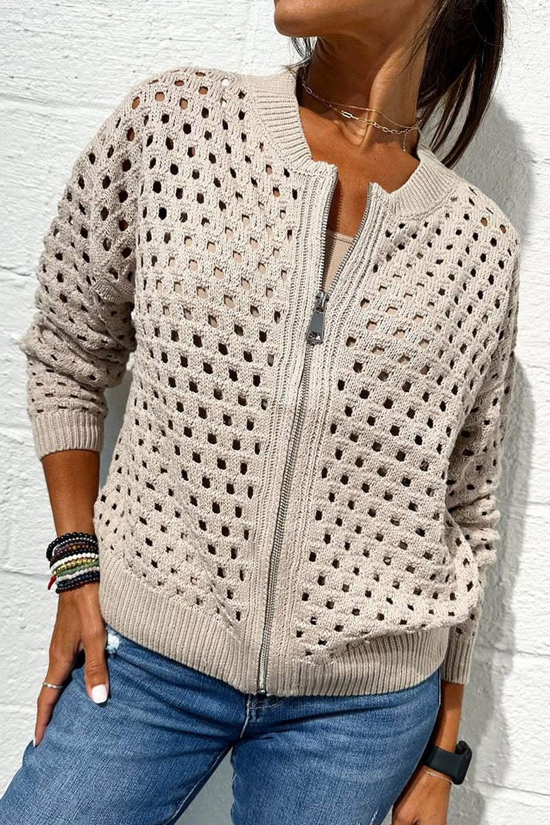 Veste zippée en tricot ajouré décontractée pour femme