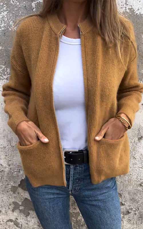 Veste en tricot zippée à col rond pour femme