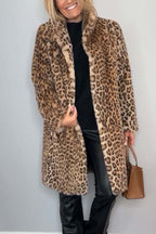 Manteau d'hiver mi-long léopard élégant pour femme avec revers en fausse fourrure