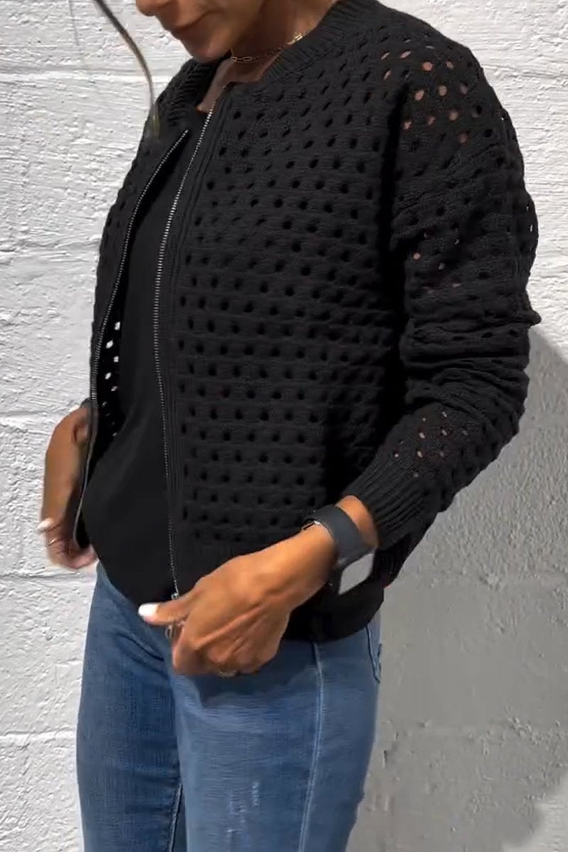 Veste zippée en tricot ajouré décontractée pour femme