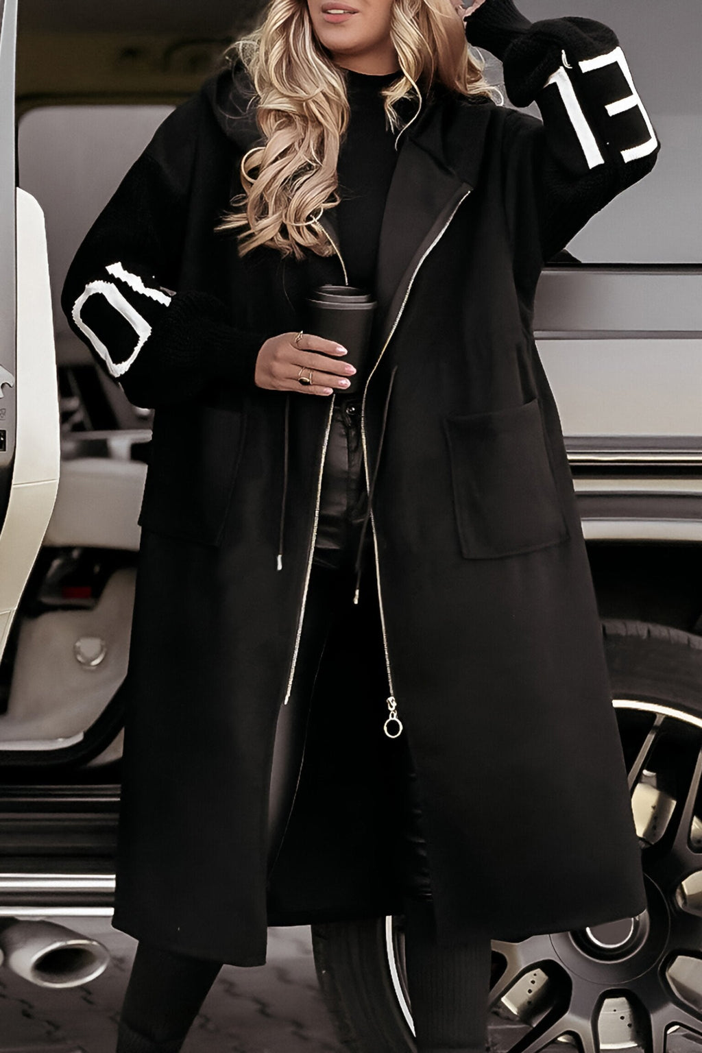 Giacca casual da donna con cappuccio a maniche lunghe in maglia a patchwork