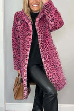 Manteau d'hiver mi-long léopard élégant pour femme avec revers en fausse fourrure