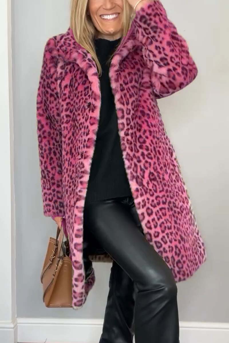 Manteau d'hiver mi-long léopard élégant pour femme avec revers en fausse fourrure