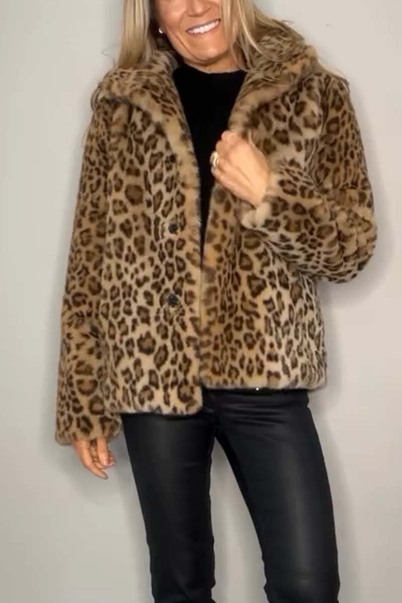 Manteau Court d'Hiver à Revers Imprimé Léopard en Fausse Fourrure pour Femmes