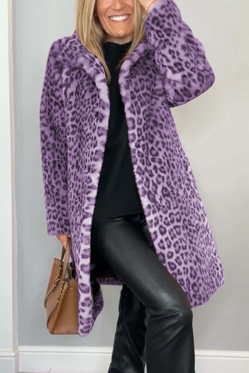 Manteau d'hiver mi-long léopard élégant pour femme avec revers en fausse fourrure