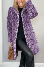 Manteau d'hiver mi-long léopard élégant pour femme avec revers en fausse fourrure