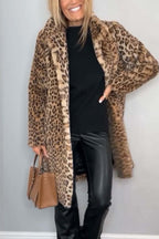 Manteau d'hiver mi-long léopard élégant pour femme avec revers en fausse fourrure