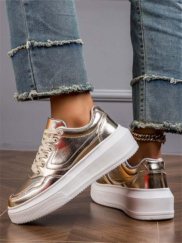 Chaussures décontractées en cuir souple métallisé à semelle épaisse