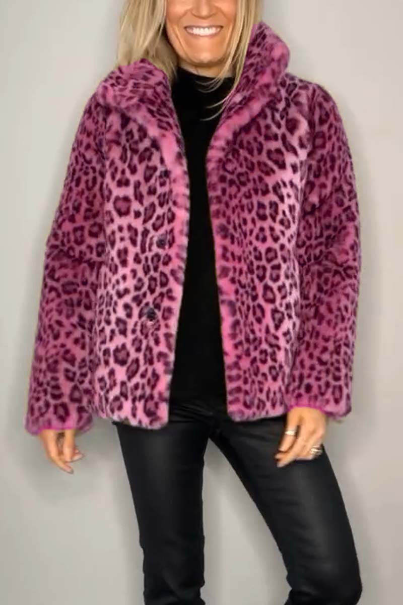 Manteau Court d'Hiver à Revers Imprimé Léopard en Fausse Fourrure pour Femmes