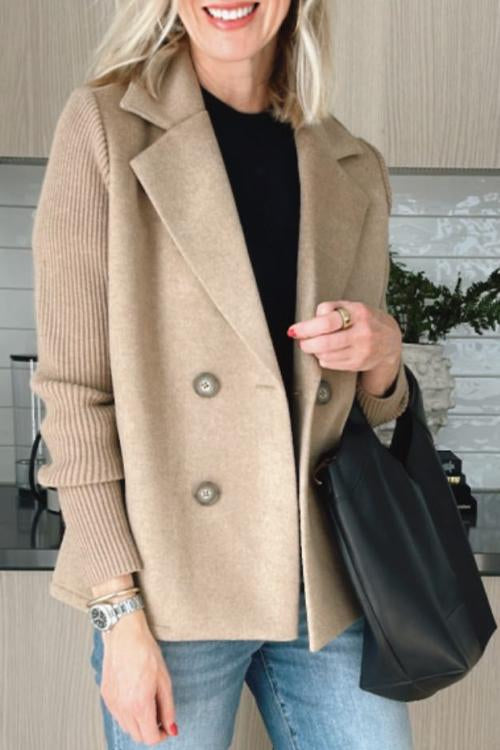 Manteau décontracté pour femme en tricot à patchwork et manches à revers boutonnés
