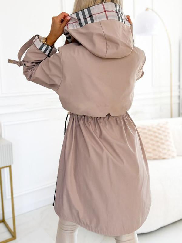 Manteau Long Décontracté à Capuche Zippé avec Cordon de Serrage et Imprimé Carreaux pour Femme - XS-3XL