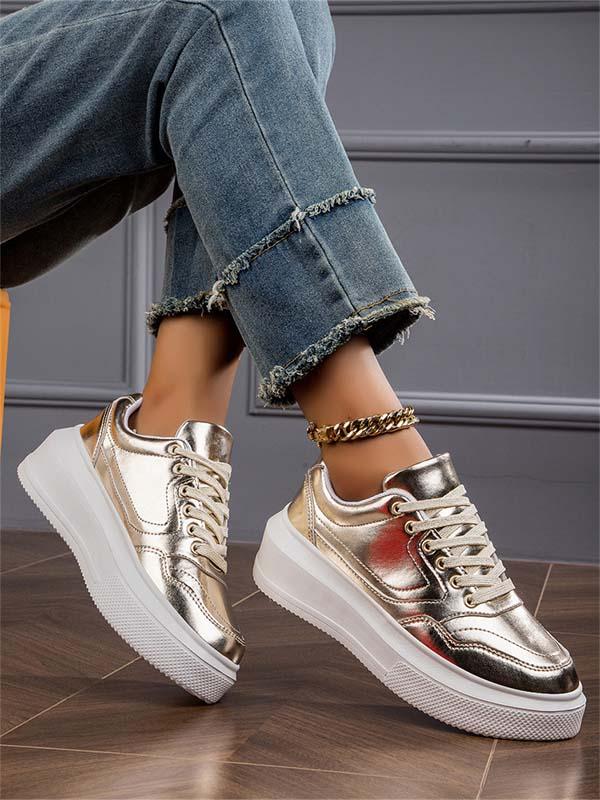 Chaussures décontractées en cuir souple métallisé à semelle épaisse