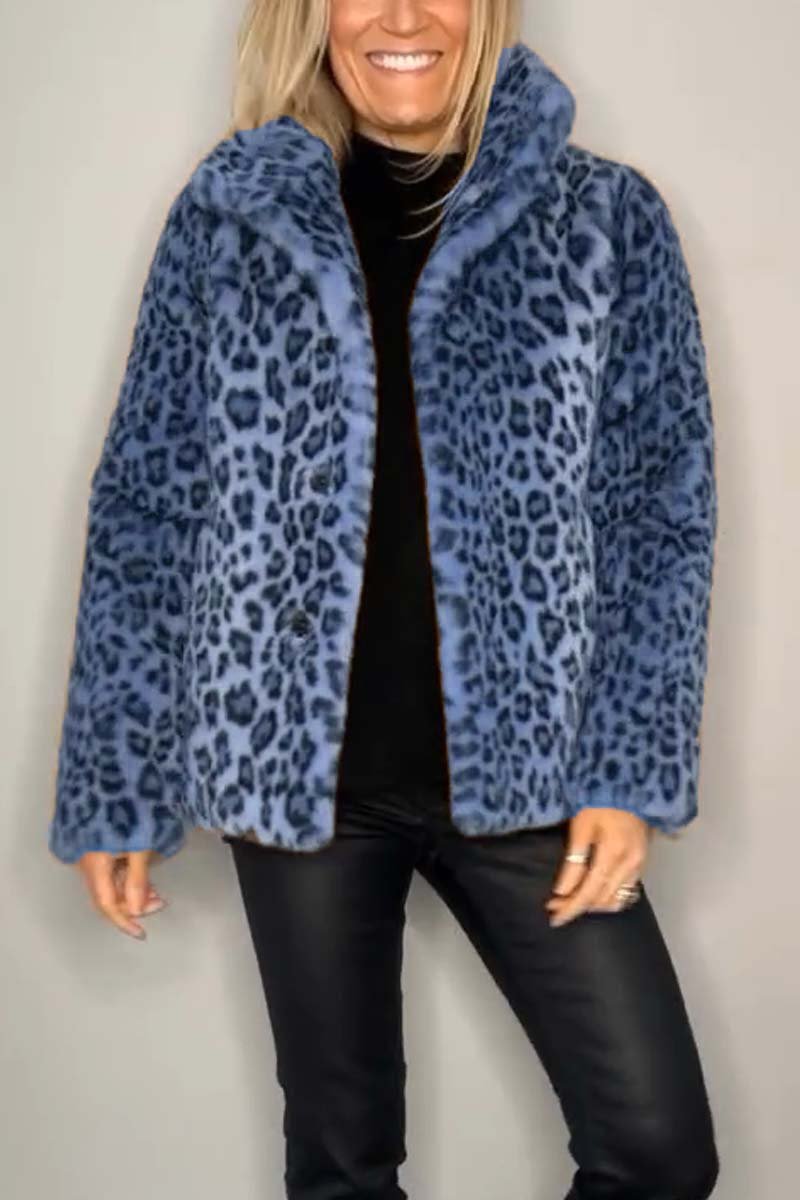 Manteau Court d'Hiver à Revers Imprimé Léopard en Fausse Fourrure pour Femmes