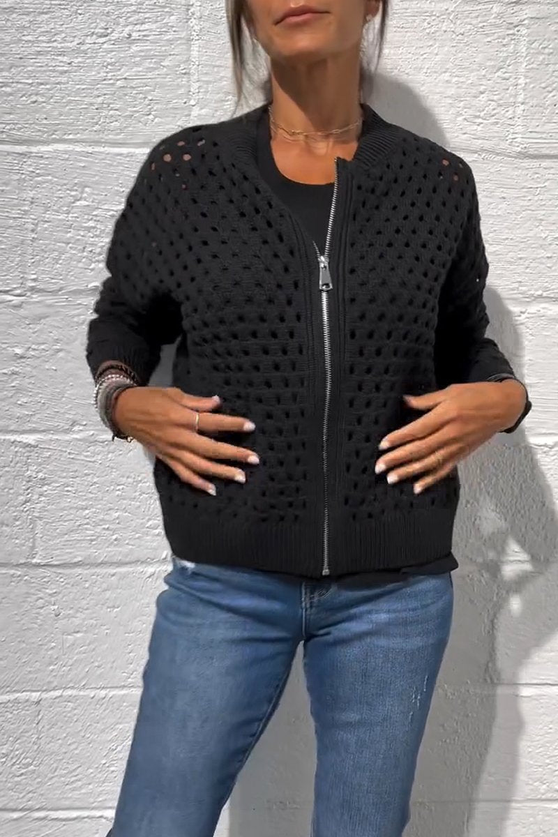 Veste zippée en tricot ajouré décontractée pour femme